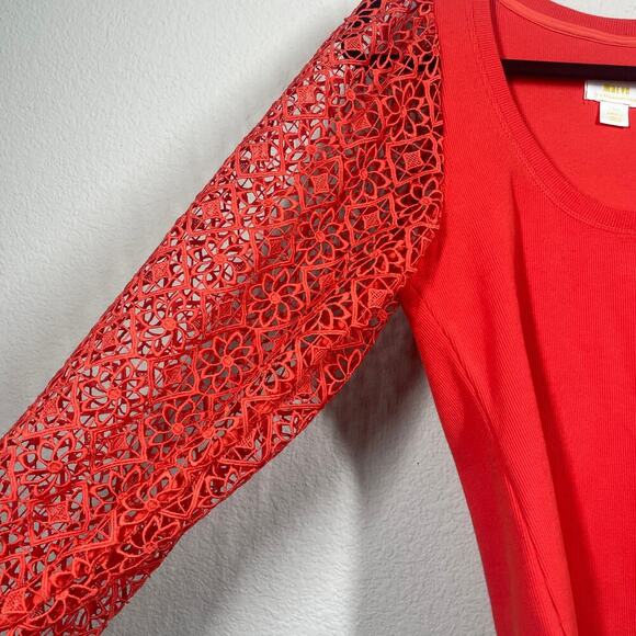 Maeve Small Lace Crochet Sleeve Top Red Cotton Blend Rib Scoop Neck - Picture 4 of 11